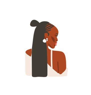 El çizimi vektör soyut düz grafik modern sanat, bohem, güzel modern kadın portresi ile estetik moda illüstrasyonu, basit moda tarzı. Kadın tasarım konsepti sanatı