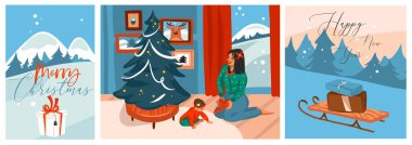 El çizimi vektör soyut grafikleri Mutlu Noeller ve mutlu yeni yıl iklimleri tebrik kartları, mutlu kadın ve bebek dolu Xmas ağacı. Mutlu Noeller şirin kart tasarımı.