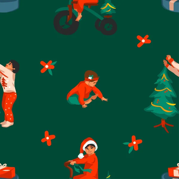 手描きベクトル抽象グラフィックメリークリスマスとハッピーニューイヤーイラスト小さな子供たちとシームレスなパターンはクリスマスを祝い 遊んでいます — ストックベクタ