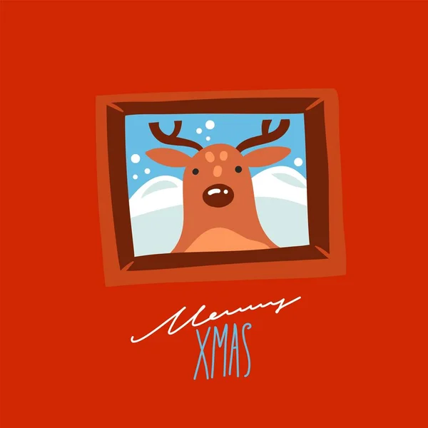 手描きベクトル抽象グラフィックメリークリスマスとハッピーニューイヤーイラスト小さな鹿と冬の屋外風景とグリーティングカード メリークリスマスかわいいデザインの背景コンセプトカード — ストックベクタ