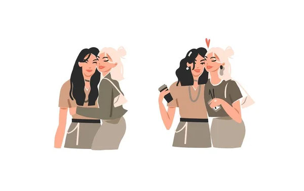 미소를 아름다운 소녀들의 친구들 포옹하고 칵테일을 마시는 Isolated Illustration Cartoon — 스톡 벡터