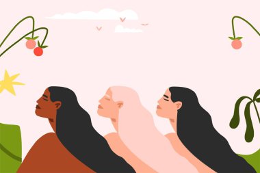 Elle çizilmiş modern grafik vektörü, tropikal doğadaki farklı uluslararası kadın karakterlerinin klişe çizimi. Modern kadın akıl sağlığı tasarımı konsepti. Kardeşlik yaratıcı tasarım sanatı