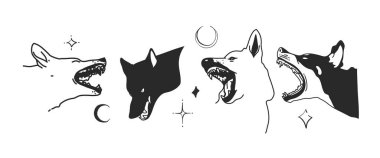 El çizimi soyut grafik çizimi logo elementi, gotik şeytani ağızlık köpek başlığı çizgisi basit bir şekilde damgalanmak için ayarlanmış, izole edilmiş. Retro y2k 2000 tasarım konsept silueti. Köpek portresi