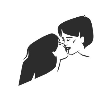 El çizimi vektör çizimi soyut grafik illüstrasyon Sevgililer Günü kartları şablonu, öpüşen çift portresi kalp silueti. Aşk çifti öpüşüyor. Sevgililer Günü tasarım konsepti.