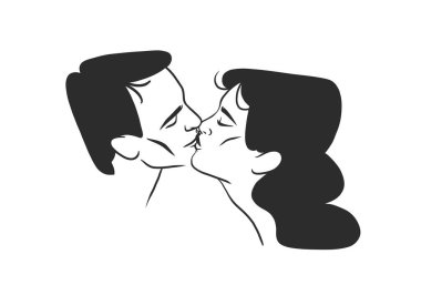 El çizimi vektör çizimi soyut grafik illüstrasyon Sevgililer Günü kartları şablonu, öpüşen çift portresi kalp silueti. Aşk çifti öpüşüyor. Sevgililer Günü tasarım konsepti.