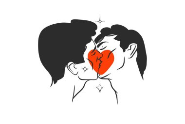El çizimi vektör çizimi, soyut grafik illüstrasyon sevgililer günü kartları şablonu, gay lgbt öpüşme çift portresi kalp silueti. Aşk çifti öpüşüyor. Sevgililer Günü tasarım konsepti.