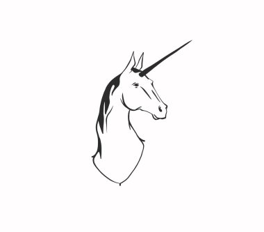 Hand drawn vector abstract outline,graphic,line art magic unicorn head portrait in minimalistic modern style.Black witchy unicorn outline character design concept.Outline unicorn silhouette isolated