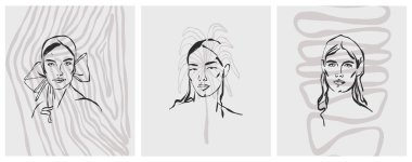 El çizimi vektör soyut grafik çizgisi basit, çağdaş kadın estetiği seti, kadın portresi. Duvar dekorasyonu, baskı, duvar kağıdı, arka plan için moda kadın tasarımı.