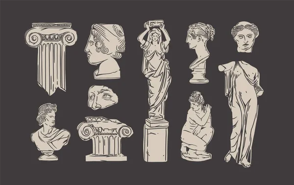 手描きベクトルアブストラクトアウトライン グラフィック ラインギリシャ古代彫刻ラインアート現代的な図面セット 流行のボヘミアンスタイルでアンティーク古典的な彫像 アウトラインデザインコンセプト アンティーク像ロゴ — ストックベクタ