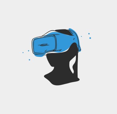 Sanal gerçeklik teknolojisi kulaklığı ve insan silueti olan el çizimi vektör çizimi sanat koleksiyonu. Sanal gerçeklikteki insan tasarımı. Sanal gerçeklik kavramı