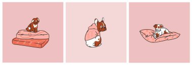 El çizimi vektör soyut grafik çizgi roman koleksiyonu çeşitli komik çizgi film karakterleri içerir. Komik çizgi filmin vektör illüstrasyonu köpekleri modaya uygun düz tarzda yetiştirir. Satır köpeği simgesi