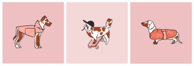 El çizimi vektör soyut grafik çizgi roman koleksiyonu çeşitli komik çizgi film karakterleri içerir. Komik çizgi filmin vektör illüstrasyonu köpekleri modaya uygun düz tarzda yetiştirir. Satır köpeği simgesi