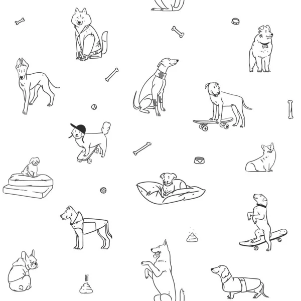 Векторная Иллюстрация Забавных Мультфильмов Разных Пород Собак Модном Плоском Стиле — стоковый вектор