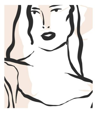 El çizimi vektör soyut grafik çizgisi basit, çağdaş duvar sanat baskısı kadın portresi modern minimalizm stili. Duvar dekorasyonu, baskı, poster, arkaplan için moda kadınsı konsept tasarımı