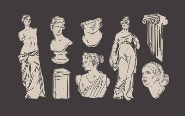 El çizimi vektör özeti, grafik, çizgi Yunan heykel çizgisi modern çizim seti. Moda tarzı antik klasik heykeller, tasarım konsepti. Antik heykel tasarımı.