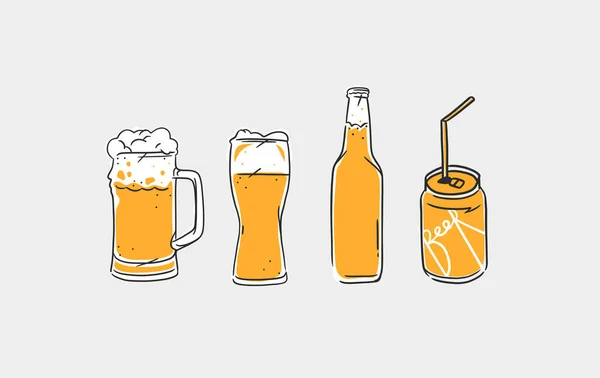 Handgezeichnete Vektor Abstrakte Grafische Linienillustration Mit Glas Bierkrügen Und Flaschen — Stockvektor