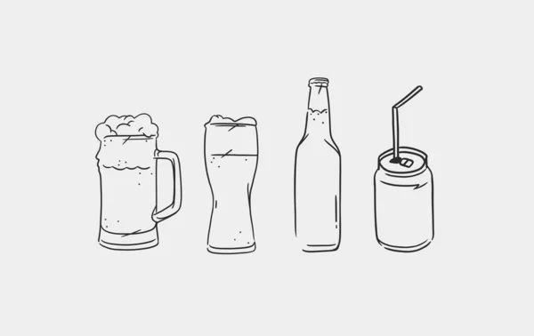 Handgezeichnete Vektor Abstrakte Grafische Linienillustration Mit Glas Bierkrügen Und Flaschen — Stockvektor