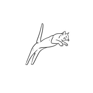 El çizimi vektör soyut grafik çizgisi koleksiyonu. Sevimli komik çizgi film kedisi karakterine sahip. Çizgi film kedisinin modaya uygun olarak vektör çizimi. Çizgi çizme sanatı kedi simgesi