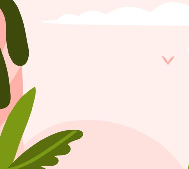 El çizimi soyut grafik clipart illüstrasyon vektör poster poster baskısı soyut pembe gökyüzü ile bulutlar ve uçan kuşlar, kopyalanmış tropikal manzara manzarası