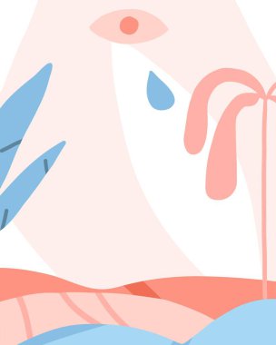 El çizimi soyut grafik clipart illüstrasyon vektörü arkaplan çerçeve yapısı kompozisyonu, soyut boho bahçesi doğa şekli, çiçek, yapraklar ve damlalar. Modern botanik bahçesi tasarımı.