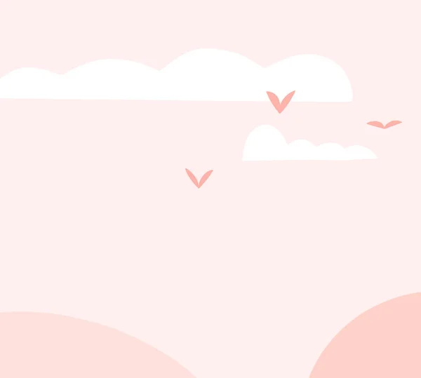手描きの抽象的なグラフィッククリップイラストベクトル背景ポスター雲と空飛ぶ鳥と抽象的なピンクの自然空と組成物のプリント コピースペースと熱帯の風景パノラマ — ストックベクタ