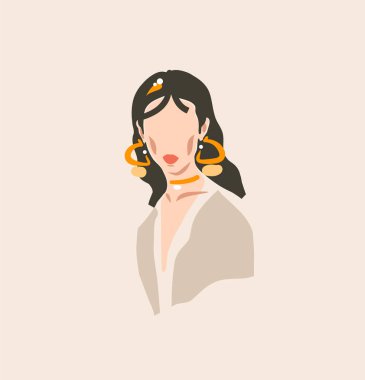 El çizimi vektör soyut trend grafik modern sanat, bohem, güzel modern kadın, minimalist moda tarzı ile estetik moda illüstrasyonu. Vektör kadın vücudu soyut çizimi
