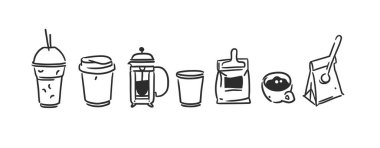 Kahve elementleri, su ısıtıcısı, ambalaj, bardak ve kahve. Kafe ve restoran menüsü için moda vektör çizimleri ve ikonlar. El yapımı kahve dükkanı tasarımı konsepti