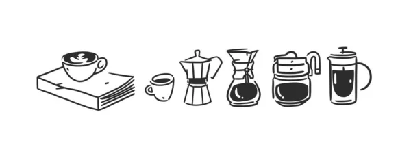 Набір Кавових Елементів Чайник Кухоль Чашки Трендові Векторні Каракулі Ілюстрації — стоковий вектор