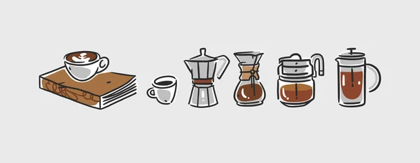 손으로 추상적 그래픽 낙서는 장비와 음료를 준비하는 미니멀리즘적 삽화이다 아이콘 — 스톡 벡터