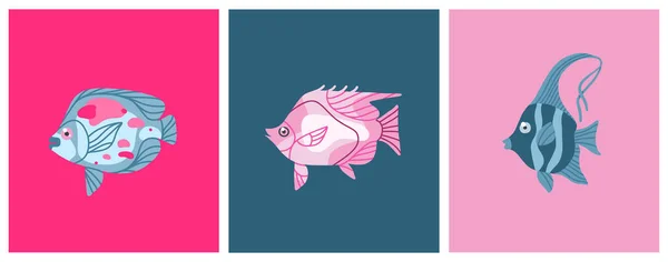 Hand Drawn Vector Abstract Cartoon Marine Underwater Animals Set Cute — Stock Vector