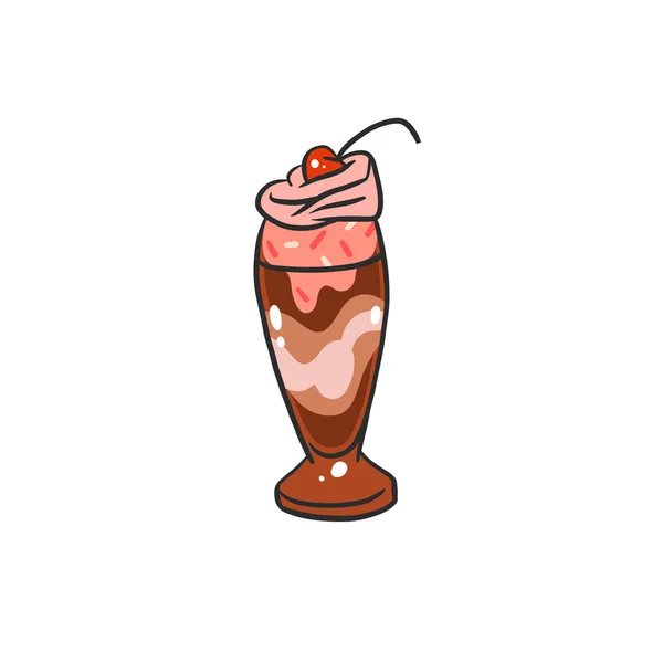 手描きベクトル抽象漫画アイスクリームガラスカップ サンデーラインアートイラスト アイスクリームデザートベクトルイラストデザインコンセプト 汗をかいた食べ物 氷のデザートかわいいドアイラスト孤立 — ストックベクタ