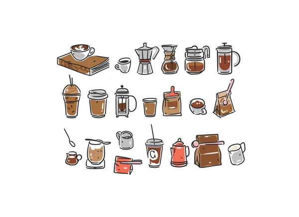 Set Aus Kaffeeelementen Wasserkocher Becher Und Tassen Trendige Vektor Doodle — Stockvektor