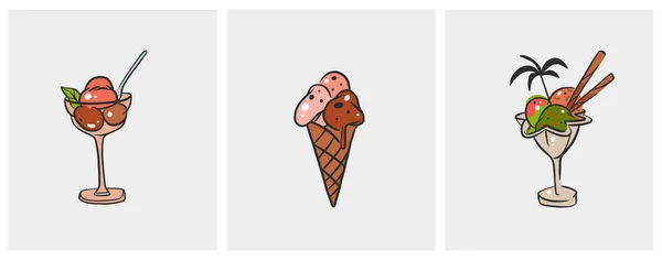 Ручной Рисунок Векторные Абстрактные Мороженое Конус Мороженое Линии Иллюстрации Набор — стоковый вектор
