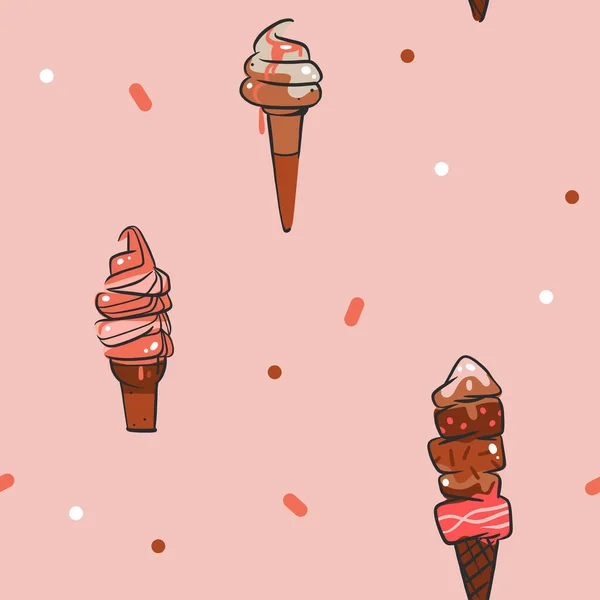 手绘矢量抽象图形冰淇淋锥形 圣代线条艺术插画无缝图案 冰淇淋甜点矢量插画设计概念艺术 甜甜的甜点可爱的涂鸦夏季图案 — 图库矢量图片