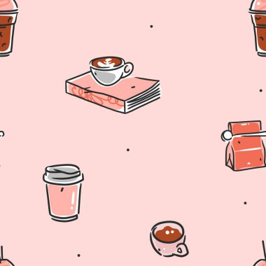 El çizimi kahve araçları kusursuz desen. Kahve dükkanı ve restoran menüleri için vektör çizimleri. El yapımı kahve dükkanı tasarımı konsepti ve kahve molası ikonları. Menü çizimi resim çizimi