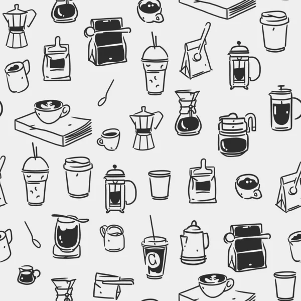 Handritade Klotter Kaffeverktyg Sömlös Mönster Trender Vektor Klotter Illustrationer För — Stock vektor