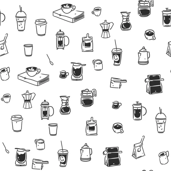 手绘涂鸦咖啡工具无缝模式趋势矢量涂鸦咖啡店和餐馆菜单插图手绘咖啡店设计概念和咖啡休息时间图标菜单线条艺术 — 图库矢量图片