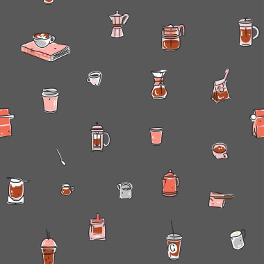 El çizimi kahve araçları kusursuz desen. Kahve dükkanı ve restoran menüleri için vektör çizimleri. El yapımı kahve dükkanı tasarımı konsepti ve kahve molası ikonları. Menü çizimi resim çizimi
