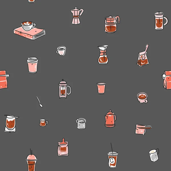 손으로 Seamless Pattern Trending Vector Doodle Illustration Coffee Shop Restaurant — 스톡 벡터
