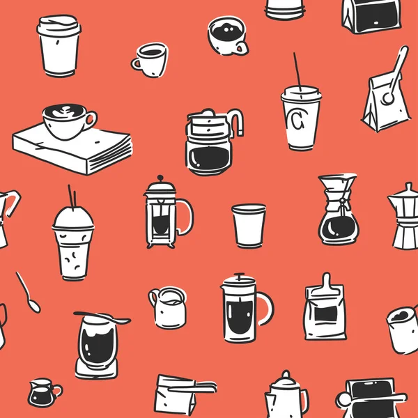 手绘涂鸦咖啡工具无缝模式趋势矢量涂鸦咖啡店和餐馆菜单插图手绘咖啡店设计概念和咖啡休息时间图标菜单线条艺术 — 图库矢量图片