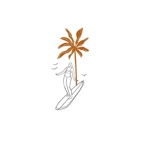 手描きベクトル抽象的なシンプルなミニマリズムラインアートグラフィック描画トロピカルサーフィンアイコンサインコレクションセットを隔離しました 夏のパームビーチ現代的なデザインコンセプト 夏のパームビーチとサーフロゴ — ストックベクタ