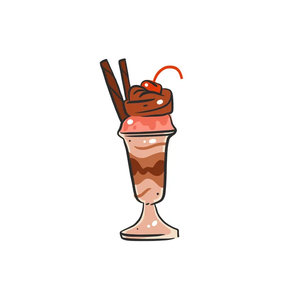手绘矢量抽象漫画冰霜玻璃杯 圣代线条艺术图解 冰淇淋甜点矢量图解设计理念 甜的食物 冰甜点可爱的涂鸦图孤立的 — 图库矢量图片