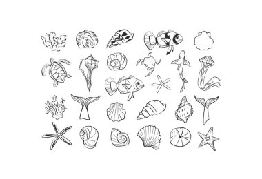 Hand drawn vector abstract minimalistic line art graphic drawing tropical underwater fish and seashells icon sign collection set isolated.Summer sea design concept.Tropical summer underwater logo set