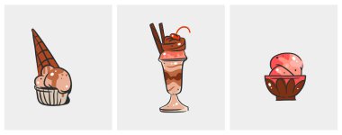 El çizimi vektör soyut karikatür külahı, sundae çizgisi sanat çizimi seti. Dondurma tatlı vektör çizim konsepti seti. Tatlı dondurma, tatlı tatlı tatlı karalama çizimi izole edilmiş.