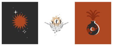 Hand drawn abstract vector graphic clipart illustrations logo set compositions.Wild Western design concept.Bohemian wild west contemporary art.Cowboy modern line art drawing.American cowgirl logo.