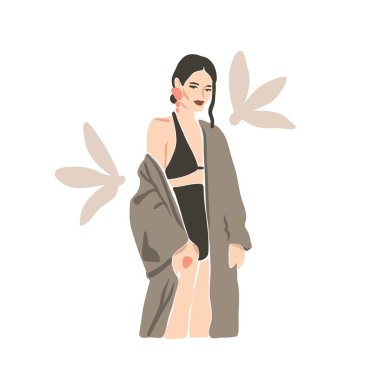 El çizimi, soyut düz grafik, çağdaş estetik moda illüstrasyonu, bohem, modern kadının güzel portresi, Pastel arka planda izole edilmiş, modaya uygun, minimal tarzda.