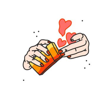 El çizimi vektör soyut düz grafik çizimi, retro, antika, modern kadın eli ve kalplerinde bir paket sigara. Beyaz üzerine izole edilmiş pop sanat rozeti. Modern sigara kavramı.