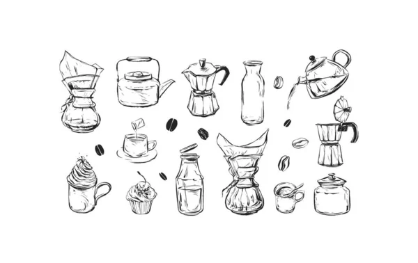 Set Coffee Elements Kettle Mug Cups Trending Vector Ink Sketch — Stock Vector