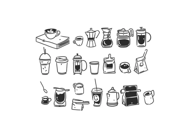 Set Coffee Elements Kettle Mug Cups Trending Vector Doodle Illustrations — Stock Vector