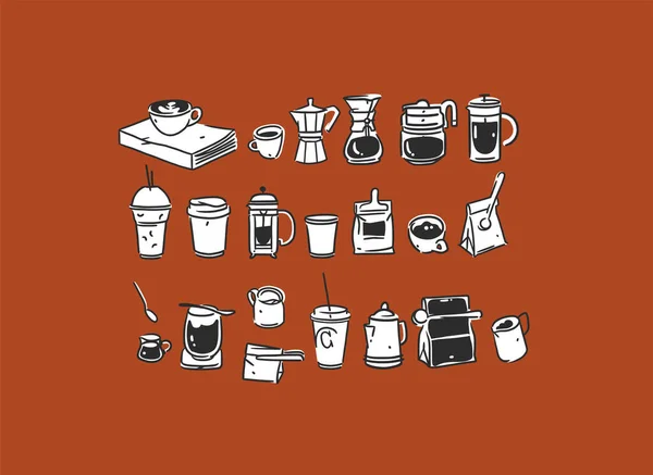 Set Aus Kaffeeelementen Wasserkocher Becher Und Tassen Trendige Vektor Doodle — Stockvektor